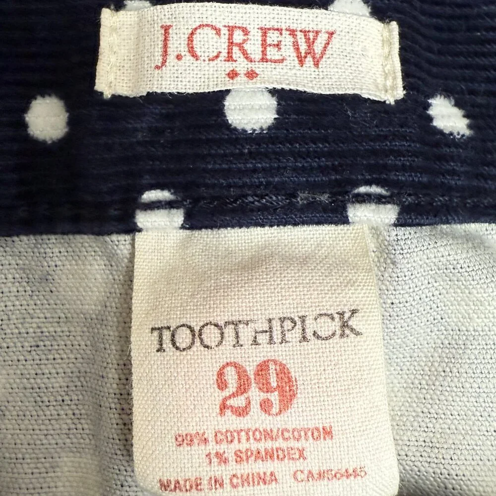 EUC Women's J.‎ CREW Corduroy Toothpick Pants Navy Polka Dot | Size 29